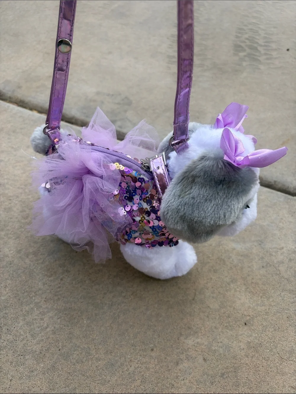Plush White & Gray Puppy Toy with Lavender Bows Purse- Pet Play Plush